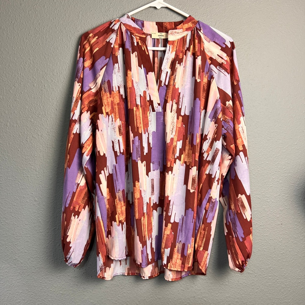 Entro Womens Abstract Artsy Brushstroke Print Split Neck Blouse Burgundy Orange